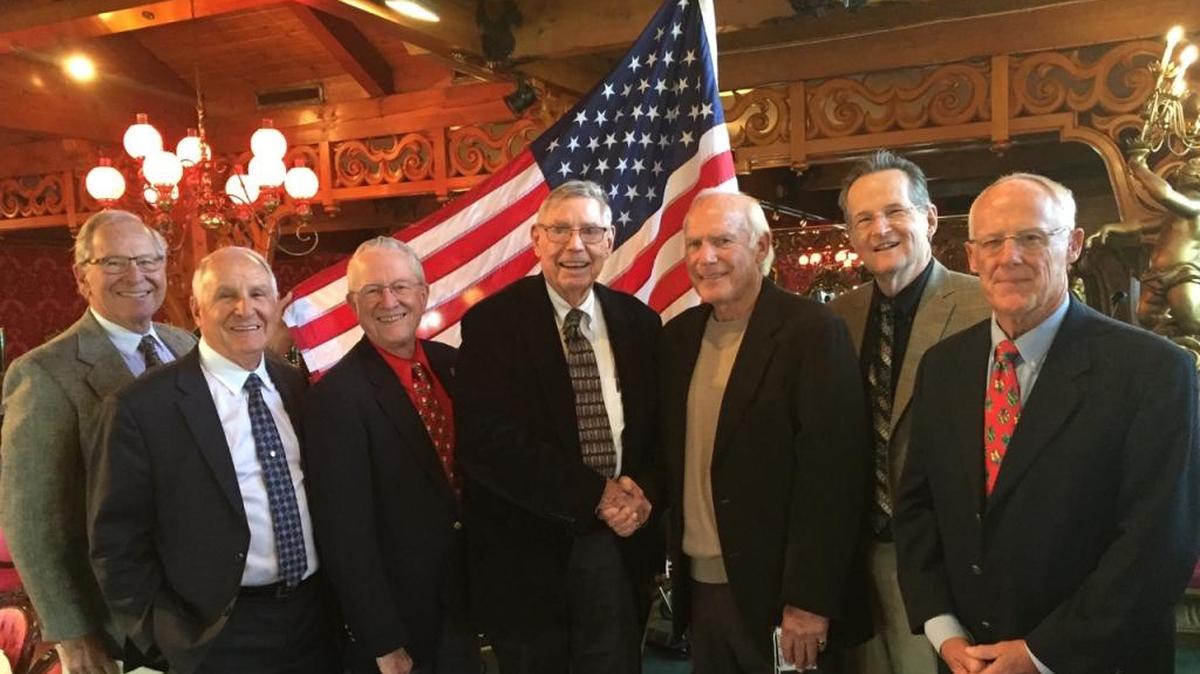 The 169-member San Luis Obispo Retired Active Men Branch No.2 installed new officers at its Holiday Gala. Pictured from left are Roger Eberhardt, assistant treasurer; Hank Campbell, recipient of the Paul V. Tuttle Meritorious Service Award; Bill Fieldhouse, treasurer; Roger Malkus, outgoing Big Ram; Bob Lever, incoming Big Ram; Alan Henderson, Little Ram; and Steve Lumm, secretary.