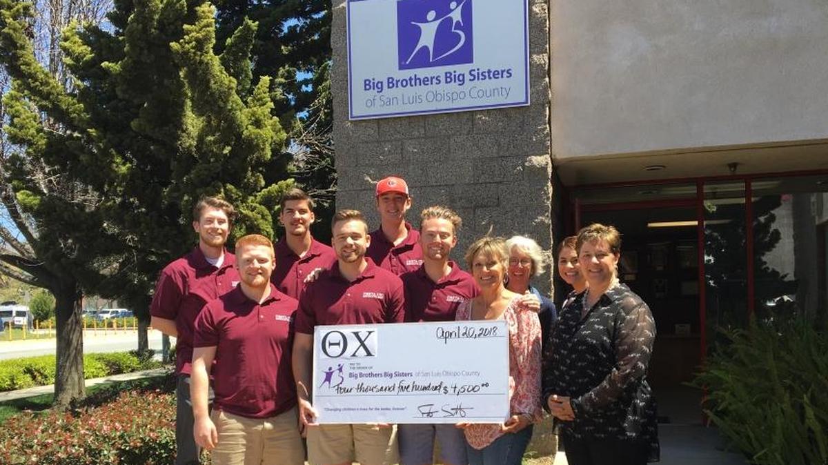From left, Jack Duffy, Rogan Wells, Brock Simpson, Foster Sutton, Kai Kiesling and Jake Hughes from Theta Chi fraternity present a check in the amount of $4,500 to Big Brothers Big Sisters representatives Patty Carpenter, Karin Trub, Tatiana Abundis and Jenny Luciano.