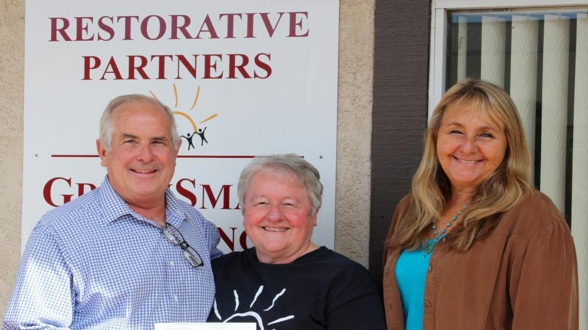 From left, Ron Tilley of King David’s Lodge presents a donation to Restorative Partners’ Sister Theresa Harpin, executive director and Dona Wilson, reentry mentorship program director. The donation from King David’s Lodge No. 209 was given to support ongoing restorative justice and re-entry support programming.
