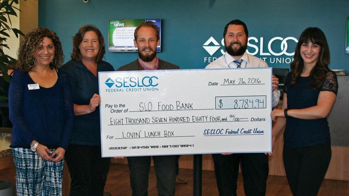 The Food Bank Coalition of San Luis Obispo County recently received a donation of $8,784 from SESLOC’s Feeding Young Bodies and Minds campaign. From left, Jan Anthony of SESLOC; Wendy Lewis of the Food Bank; Michael Foote and Justin Huss of SESLOC; and Aracely Aceves Lozano of the Food Bank at the presentation.