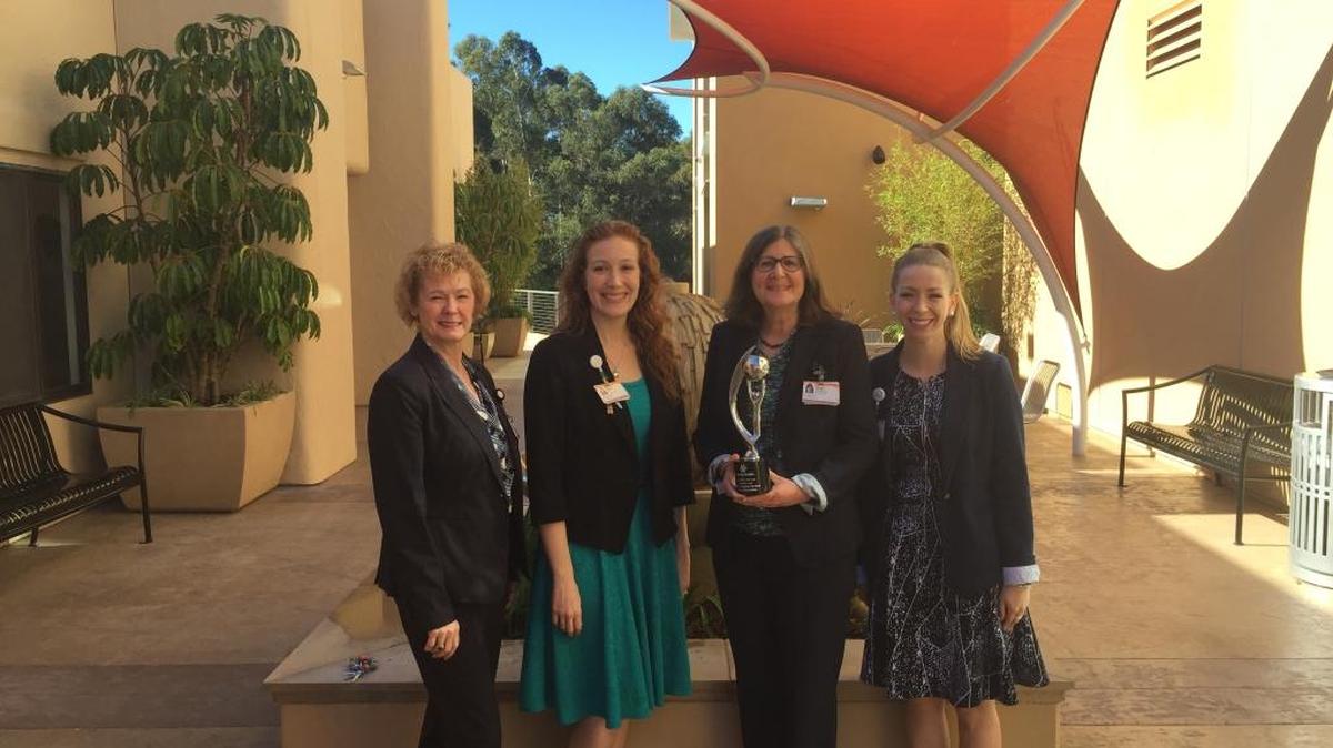 Debby Nicklas, second from right, vice president of philanthropy at the French Medical Center Foundation, holds a Foundation of the Year trophy that the foundation won at the Dignity Health Philanthropy Phillies Awards. Foundation employees from left are Rosie Parks, development officer; Jenny Meyers, development and grants coordinator; and Tracy Timmons, development specialist.