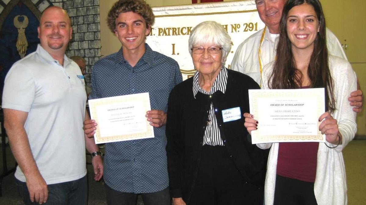 The Italian Catholic Federation Branch 291 at St. Patrick’s Church in Arroyo Grande recently awarded first-year scholarships worth $400 each to Arroyo Grande High School graduates Matthew Pringle, second from left, and Siena Fiorentino, far right. From left, Chris Gianini, scholarship chairman; Helen Summerfield, scholarship co-chair; and Pete Gallagher, Branch 291 president.