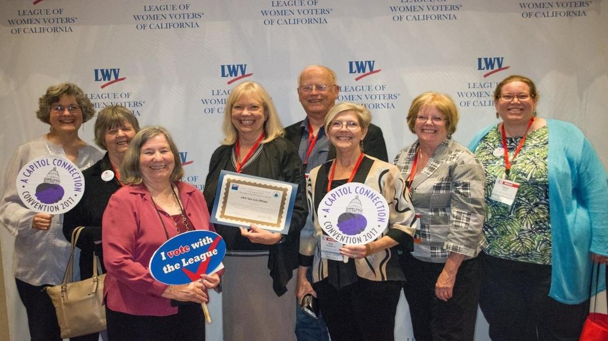 From left, Helen Hutchinson, League of Women Voters of California president, and SLO County League members Carrie Pardo, Marilee Hyman, Sharon Kimball, Dave Humphreys, Deb Humphreys, Ann Havlik and Nancy Welts.