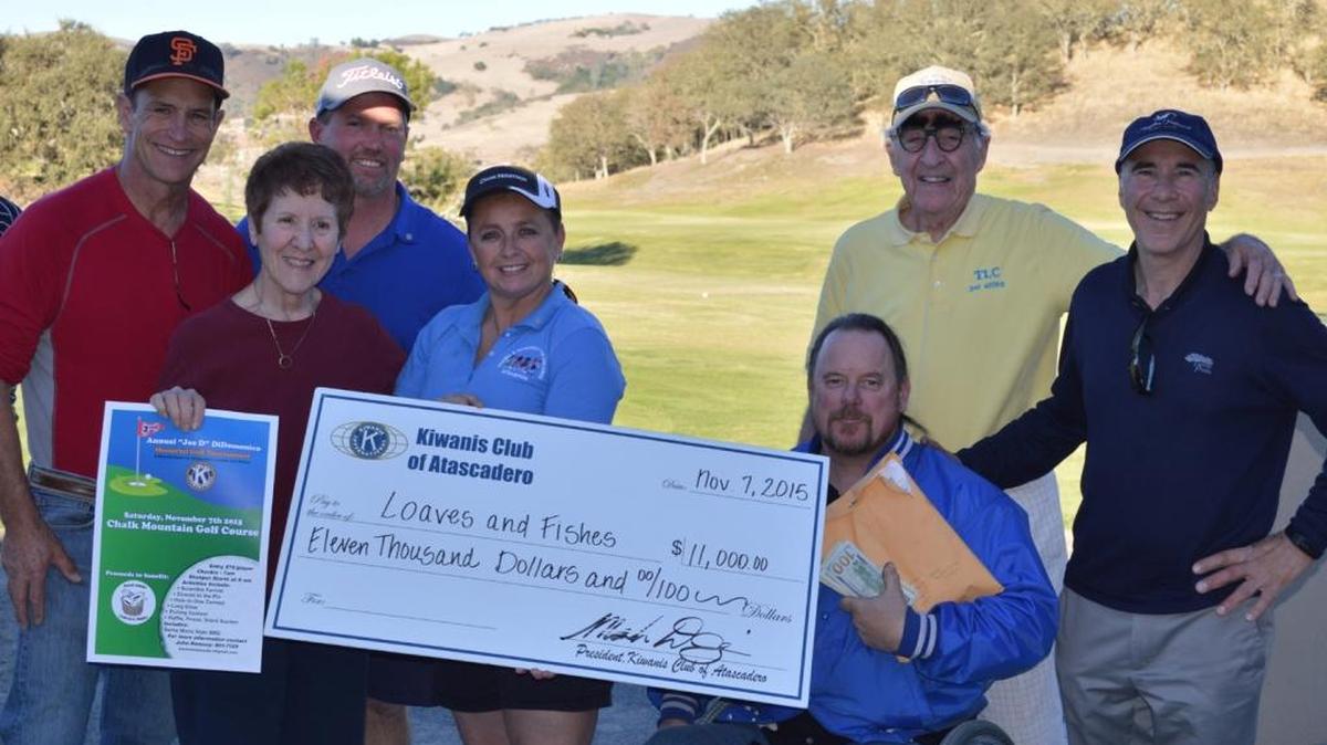 Atascadero Kiwanis Club recently donated $11,000 to Atascadero Loaves and Fishes. The funds were raised from the Joe DiDomenico Memorial Golf Tournament sponsored jointly by Atascadero Kiwanis Club and Chalk Mountain Golf Course. From left are Tim Eckles, Atascadero Loaves and Fishes; Bobbie DiDomenico, wife of the late Joe DiDomenico; John Ramsey, chairman of the fundraiser; Angela Ramsey, Kiwanian; Mark Dariz, Kiwanis president; Pat Lynch, co-tournament chairman; and Joe DiDomenico Jr.