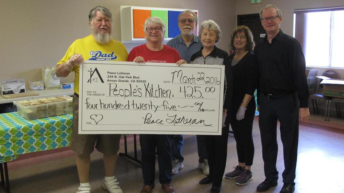 In addition to cooking and serving once a month at the South County People’s Kitchen, members of Peace Lutheran Church in Arroyo Grande gave $450 to help feed the hungry at People’s Kitchen. Pictured from left are Bert Berringer, Betsy Ehrler (People’s Kitchen), Ralph Cornforth, Jean Hawkins, Cindy Cornforth and the Rev. Mark Whittaker.