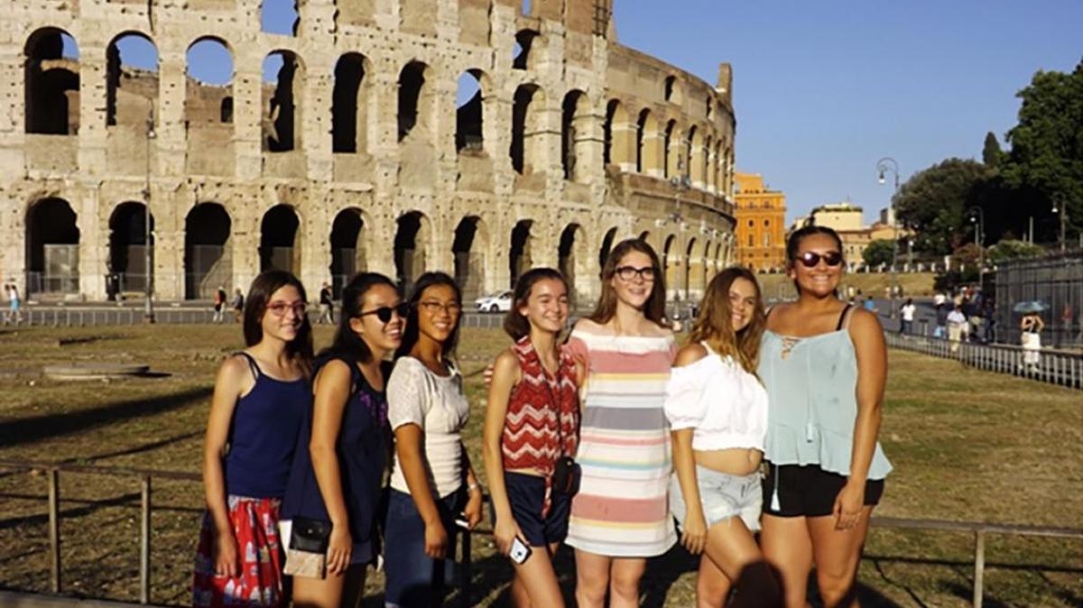 Local Girl Scout Troop 40338 traveled to Europe this past summer on money they made from selling Girl Scout cookies and nuts. From left, they are: Katie, Jasmine, Caroline, Alysa, Ashley, Tara and Nancy.