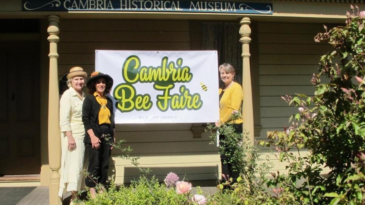 From left, Christine Heinrichs, Claudia Harmon Worthen and Vari McNeil in front of a sign for the Bee Faire near the front steps of the Cambria Historical Musuem.