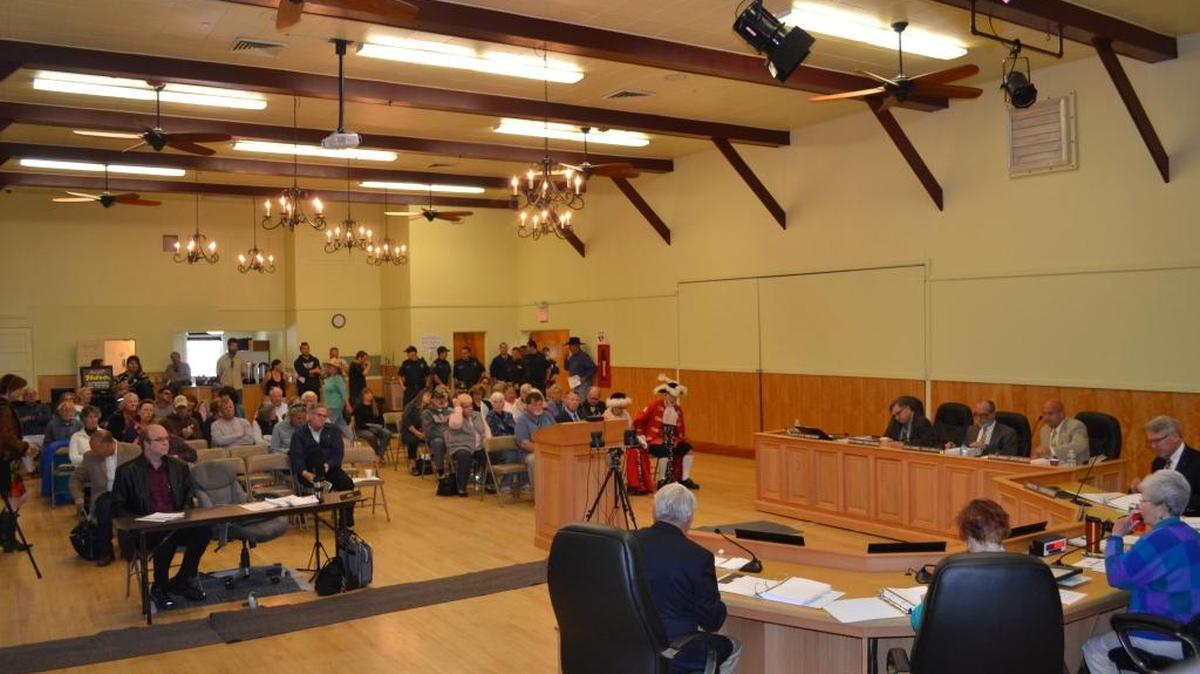 The crowd listens during the April 28 CCSD board meeting.
