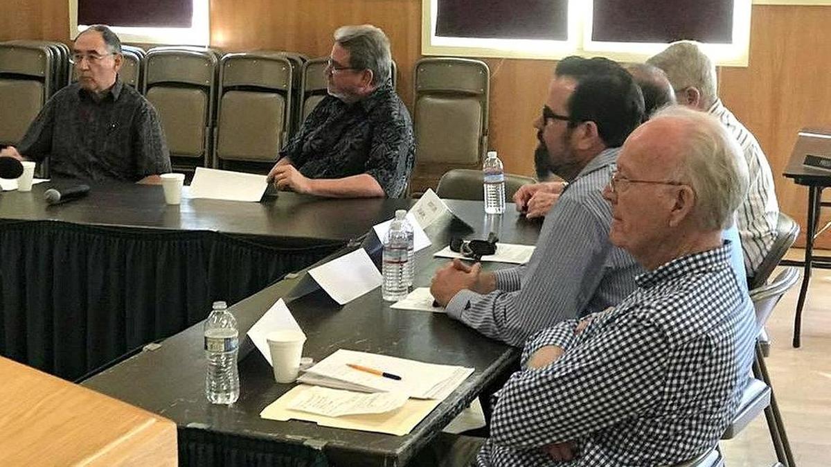 Six finalists for the previous board opening were interviewed together in a special September meeting: from left, Peter Chaldecott and Mark Herrier (far table); and Allan MacKinnon (near table, closest) Aaron Wharton and (obscured) Bruce Fosdike and Dewayne Lee. Wharton was eventually chosen and helped create a policy for filling the latest vacancy on the board, where applicants won’t apear together in the same room for introductions or questions.