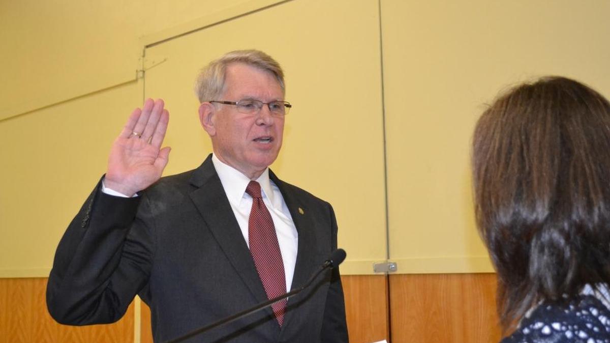 Greg Sanders is sworn into office during a Cambria Community Services District board meeting, taking the seat vacated by Muril Clift. Sanders, an attorney who served on the board previously from 2002 to 2010, was appointed on a 4-0 vote.