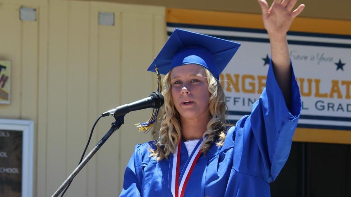 Tara Covell delivers the Leffingwell High valedictory address Thursday in Cambria.