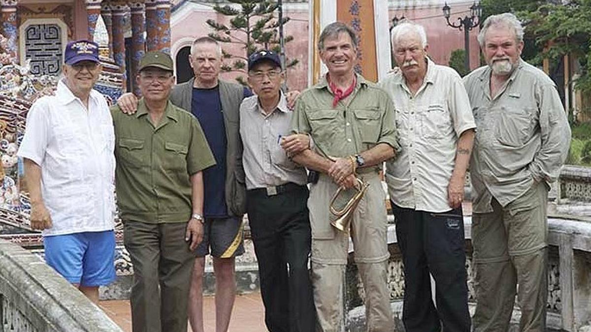 Peter Pepper, third from right, with his platoon. Pepper, who produced the documentary “Killing Memories,” took the six men back to Vietnam to visit the scenes of the battles they fought together.