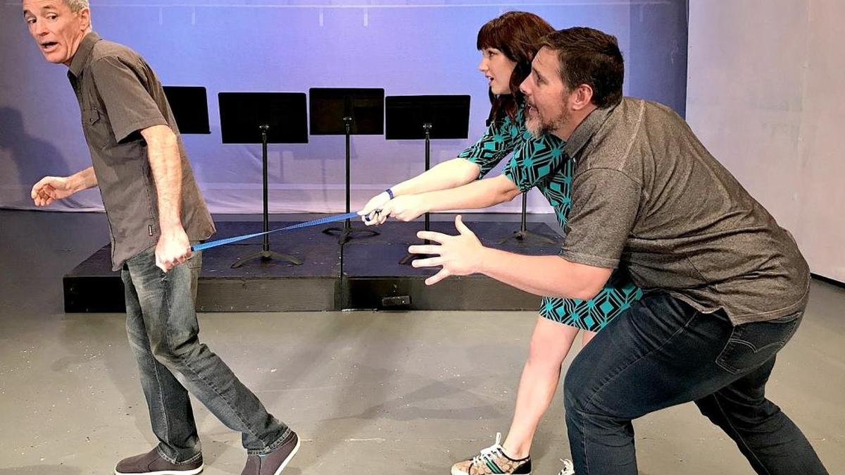 From left, Jonathan Shadrach (Danny), Libby Parker (Helen) and Hank Wethington (Larry) appear in “Danny, Come Home” at Cambria Center for the Arts.
