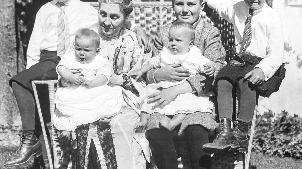 Phoebe Apperson Hearst takes center stage in a family photo with her grandsons, taken around 1915.