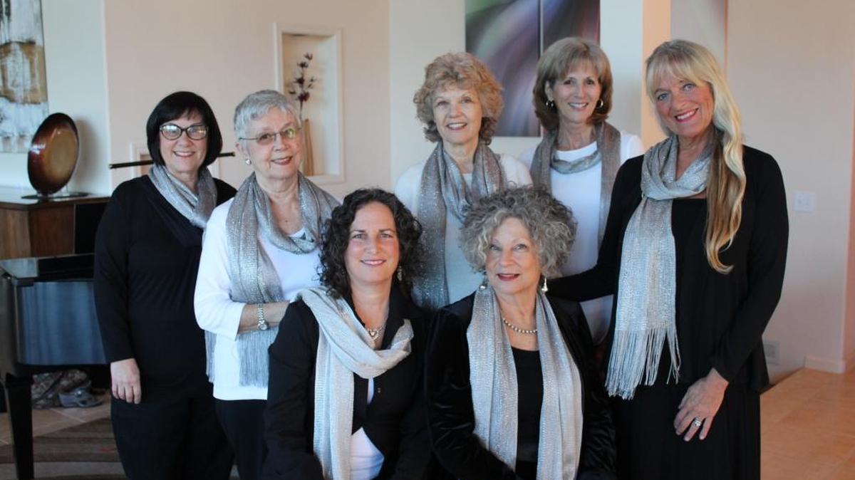 Lyra is a new singing group in Cambria. From left: Rebecca Hendricks, Barb MacDonough, Diane DeMarco, Nancy Taber, Mary Anne Anderson. Seated: Kathryn Taylor, Jan Callner. Not pictured: Lorna Mumper.