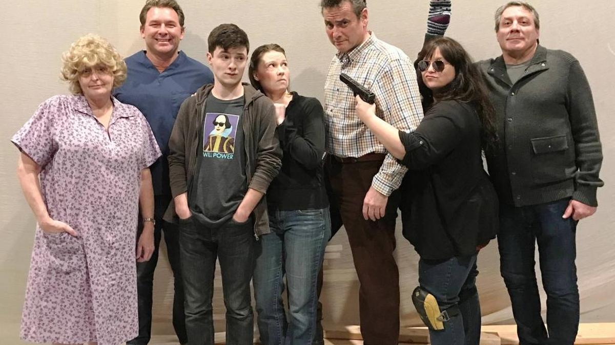The cast of “Fuddy Meers,” in the midst of an engagement at Cambria Center for the Arts Theatre, from left: Jill Turnbow, Bobby Kendrick, Elliot Peters, MJ Johnson, Ed Cardoza, Shawna Volpa and Michael Shanley.
