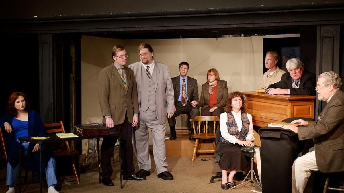 ‘Nuts’ features a cast of, left to right, Libby Parker, Justin Wessell, Rick Bruce, Randall C. Lyon, Janice Peters, Joyce Calderone, Tim Linzey, Craig Brooke and Don Dallmann.