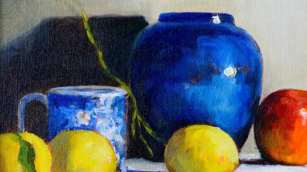 Pat Willmot’s oil painting “Blue Jar with Fruit” took the top prize at the Cambria Spring Juried Art Show.