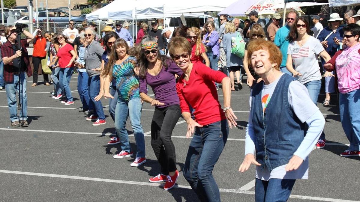 Members of Dancers by the Sea perform “Celebration” at the Cambria Farmers Market on Friday, Sept. 2. From left: Victoria Bagoyo Heussen, Kim Miller, Judy Schuster, Sheri Parisian, Doreen Dignam, Deanna Voelker, Lucy Moreno, Lu-Ann Kelly and Janet Greer.