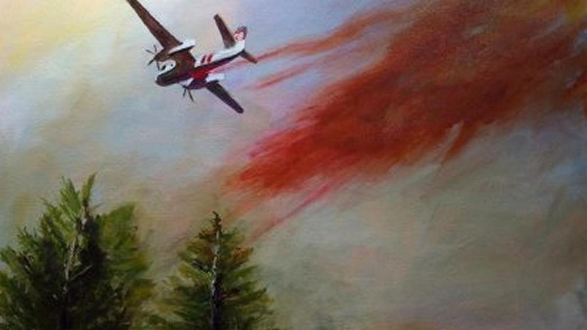 “Fire Hero” by Tish Rogers is among the collection of art from the Monday Painting Group on display this month at the Cambria Library.