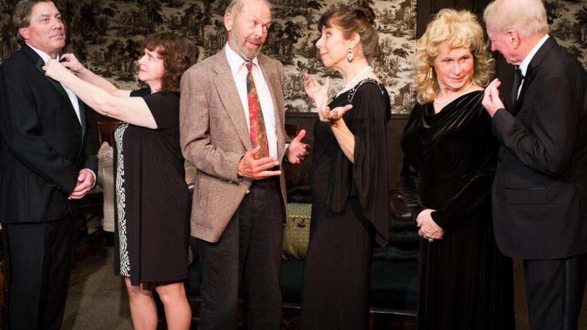 From left, Michael Shanley, Joyce Calderone, Gene Strohl, Toni Young, Beth Marshall, George Garrigues star in “The Dinner Party” at the Pewter Plough Playhouse.