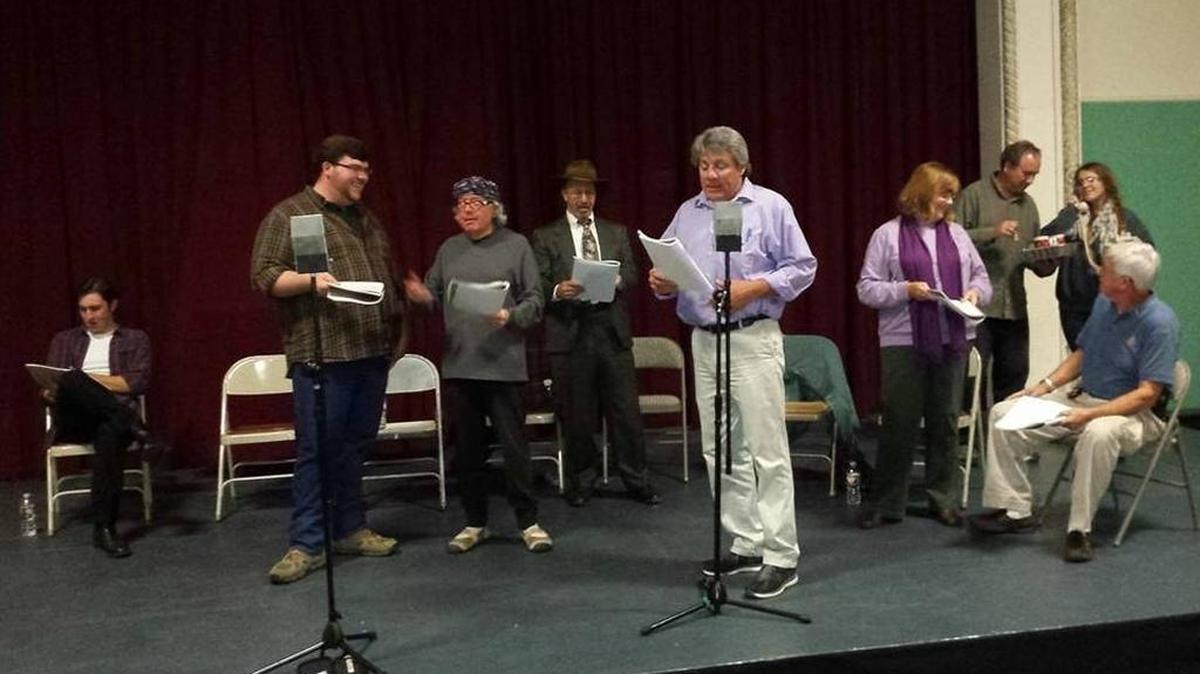 Cast members rehearse for the 2014 production of “It’s a Wonderful Life” at the Cambria Center for the Arts Theatre. From left, Tony Costa, Garrett Larson, Oz Barron, Randall Lyon and Mike Shanley.