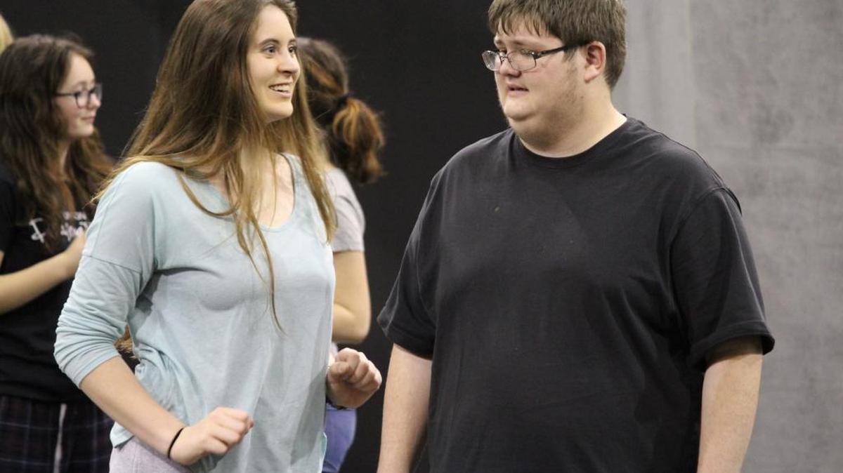 Meg Stern and Nate Ehlers rehearse for “Back to the ’80s” on Wednesday evening, March 22, at Coast Union. Stern plays Tiffany, and Ehlers plays Corey in the musical.