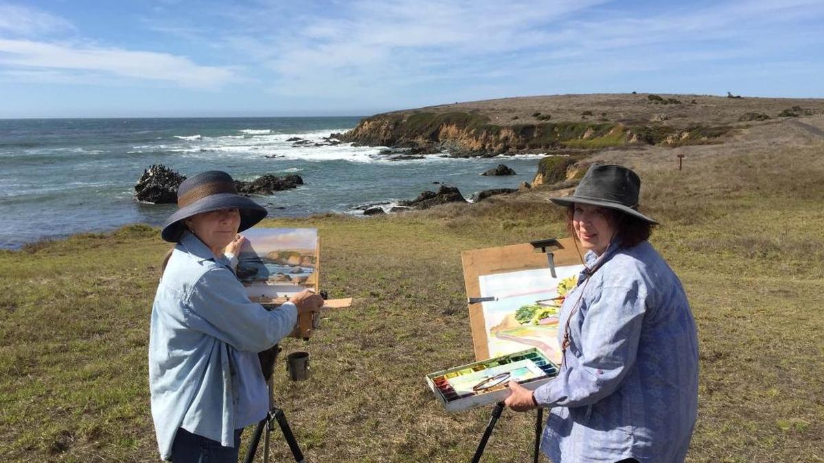 Pat Willmott, left, and Sherry Andrews enjoy painting together — and will be on exhibit together during November at Cambria Center for the Arts.
