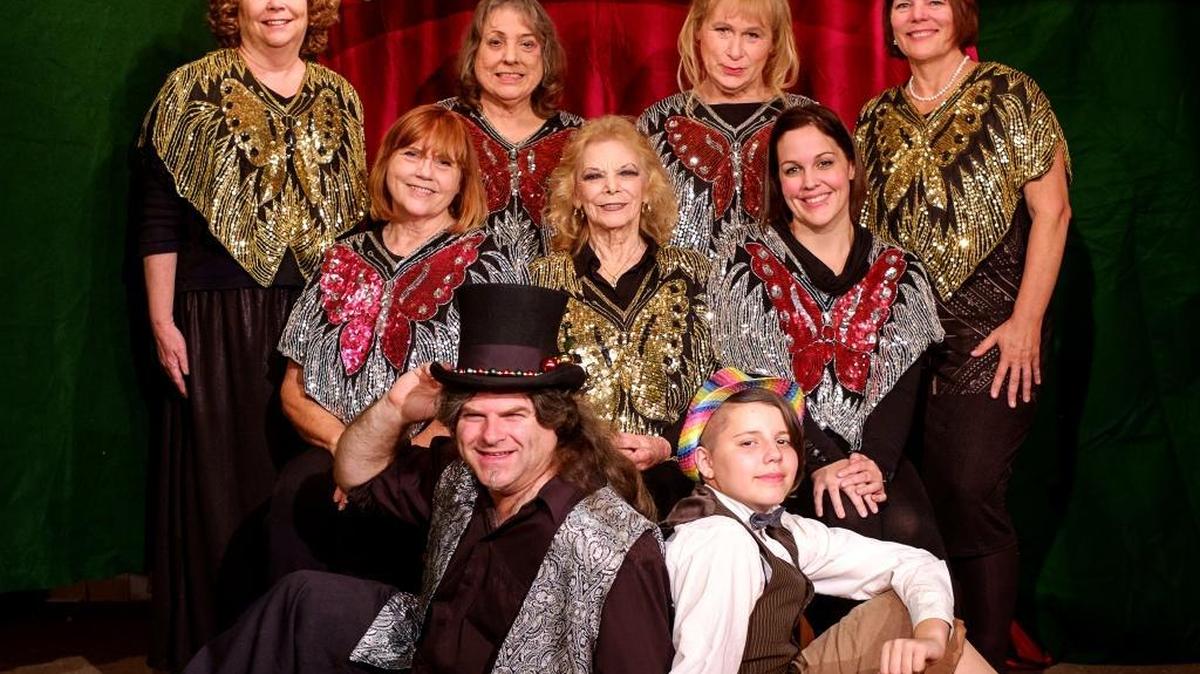 Cast members for the Pewter Plough Playhouse production of “Broadway Belles & a Beau,” left to right, front row: Jeff Walters, Ali Burkhead; second row: Janice Peters, Viv Goff, Robin Disbrow; standing: Susan Hay, Anita Schwaber, Beth Marshall, Janine Elich.