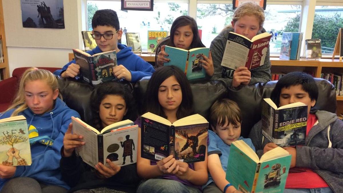 From left, Reese Tartaglia, Alexa Aguilar, Ashlyn Faruzzi, Sean Riley, Bryson Martinez, Fernando Sepulveda, Lizette Mirales and Mackay Langley are sixth-graders taking part in the Battle of the Books.
