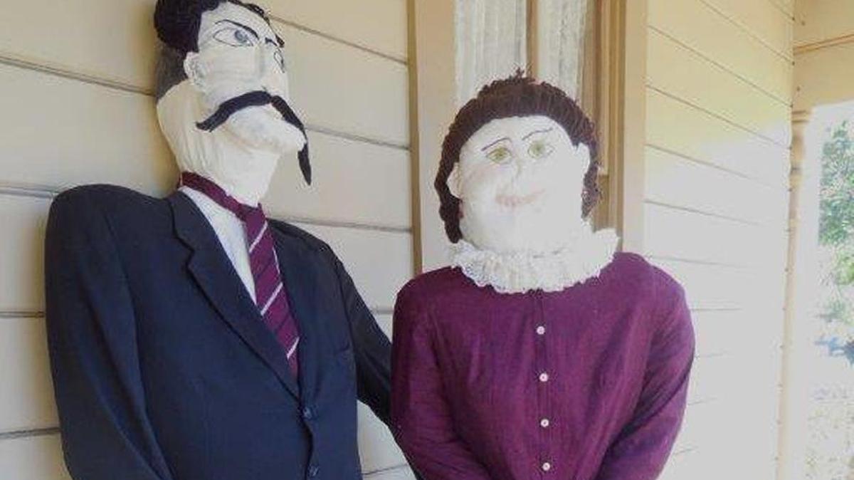 Scarecrows modeled after Luisa and Eugenio Bianchini greet visitors to the Cambria Historical Museum.