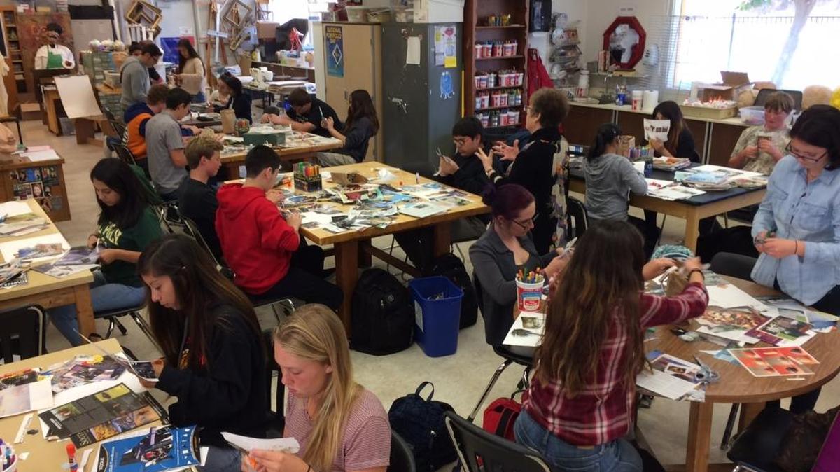 Lucia Capacchione instructs art students in Cambria.