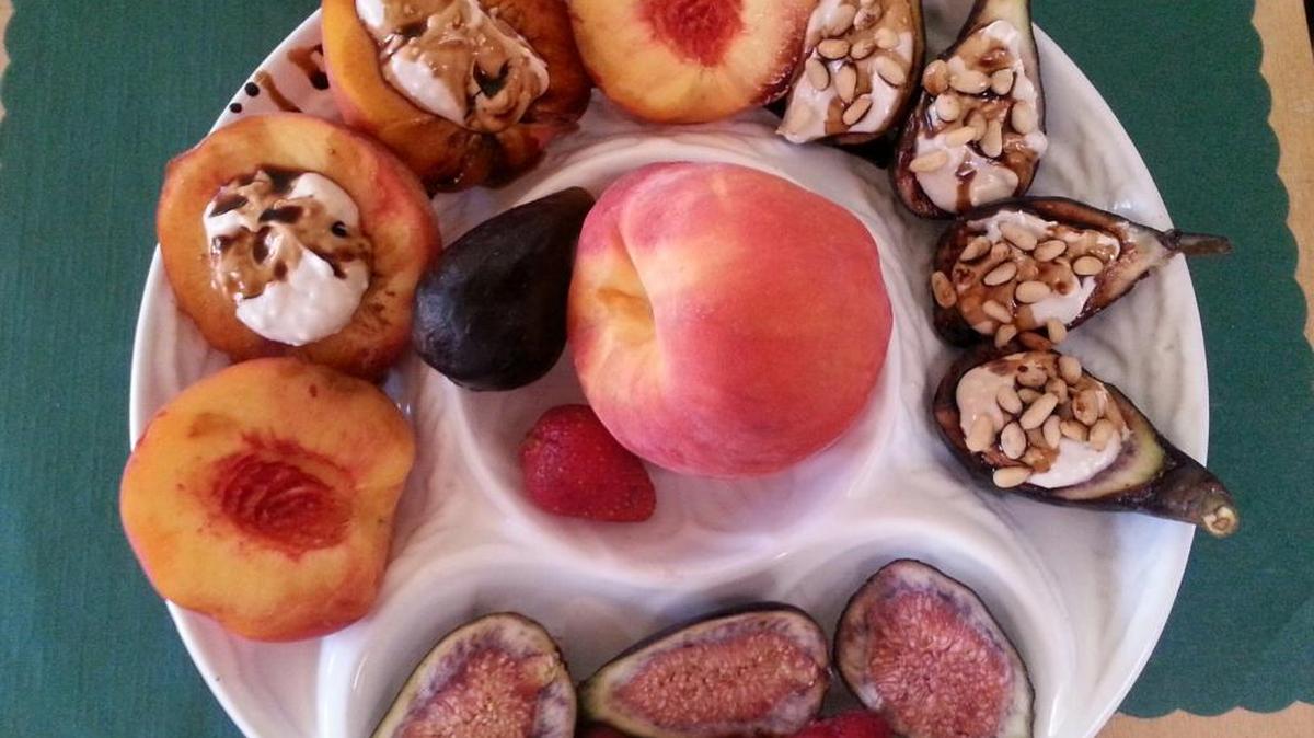 Figs with goat cheese and pignolias, drizzled with balsamic reduction; mix and match ingredients on some other fresh fruits.