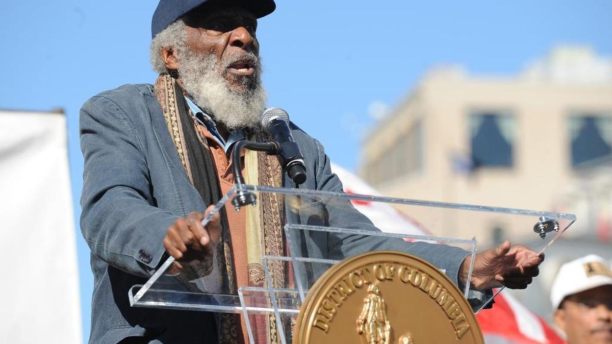 Dick Gregory speaks at the D.C. Full Democracy Freedom Rally and March in Washington, D.C., on October 15, 2011. Gregory, a comedian, activist and author, died Aug. 19.