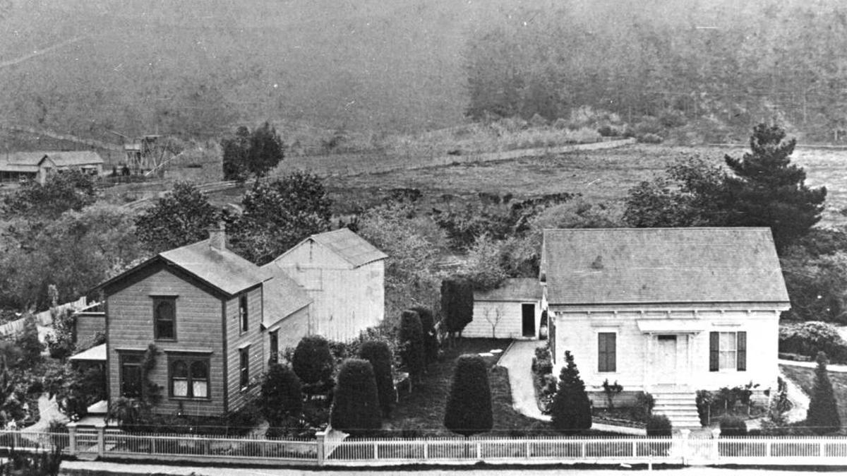 As the Historical Society plans to celebrate Cambria’s Sesquicentennial next year, we will feature the town’s earliest residents and residences. Seen here are the 19th century Cole and the Manderscheid homes on Main Street. The Cole was replaced by the Shaw home in 1914 and ultimately housed The Cambrian; but the other is still resplendent with its gardens and is currently known as the Olallieberry Inn.