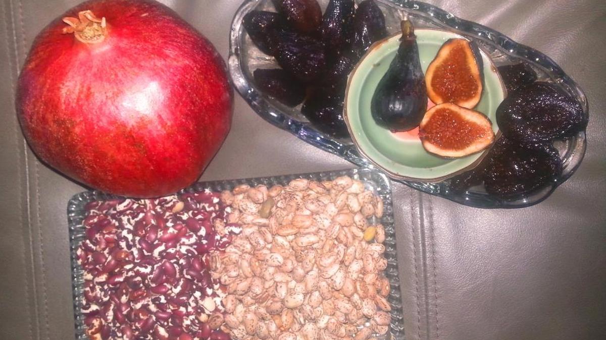 Anasazi beans compared to pintos, preserved figs compared to fresh, and an incomparable pomegranate.