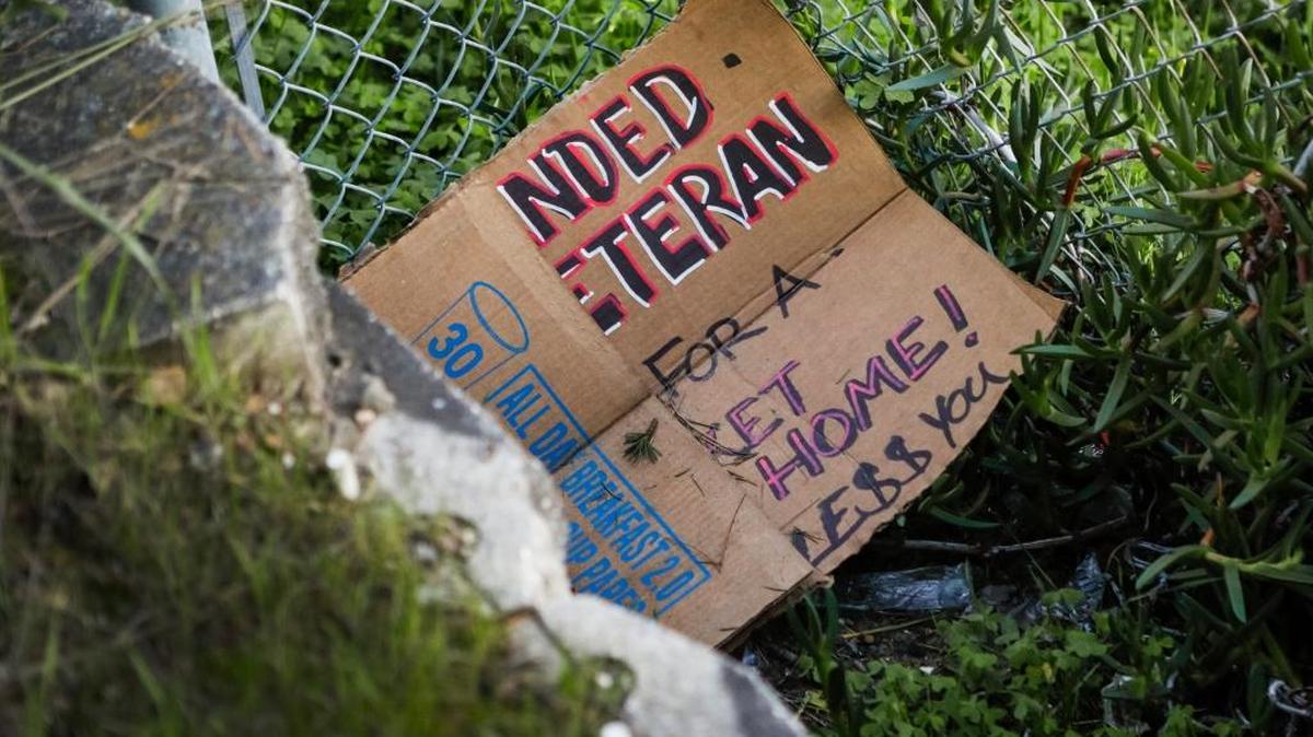 A sign found near a homeless camp in Arroyo Grande is seen in January.