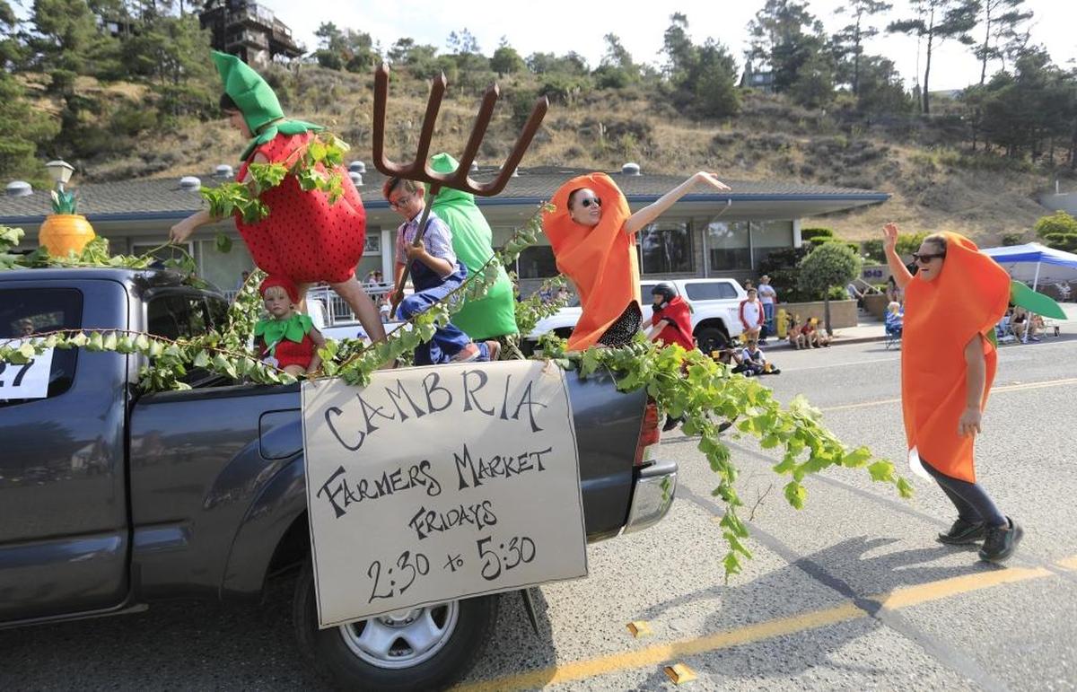The Cambria Farmers Market float in the Pinedorado Parade featured participants dessed as fruits and vegetables.