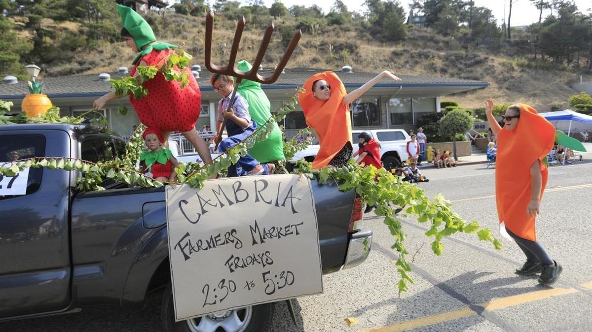 The Cambria Farmers Market float in the Pinedorado Parade featured participants dessed as fruits and vegetables.
