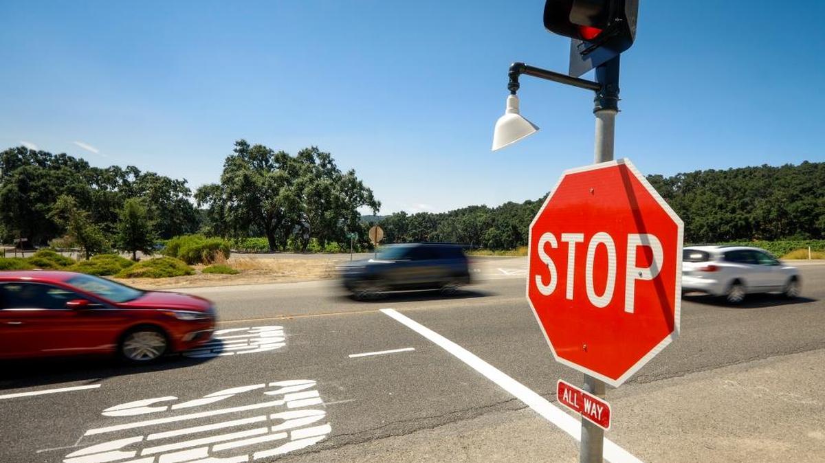 This new four-way stop has been installed at Vineyard Drive and Highway 46 West between Paso Robles and Cambria.