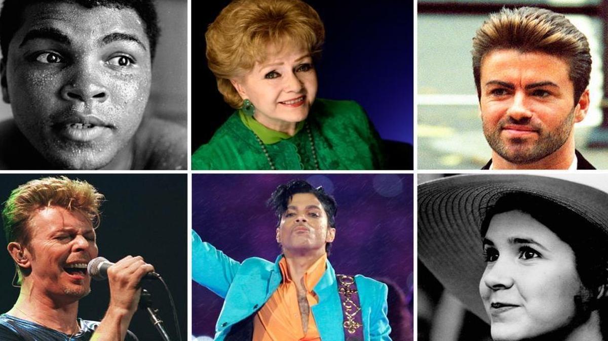 Clockwise from top left: Muhammad Ali, Debbie Reynolds, George Michael, Carrie Fisher, Prince and David Bowie.