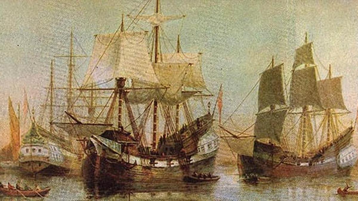 The Winthrop Fleet brought Puritans from England to America in 1630. The columnist’s forebear, Edward FitzRandolph, was on board one of the vessels. This painting shows the fleet shown after its arrival off the coast of Massachusetts.