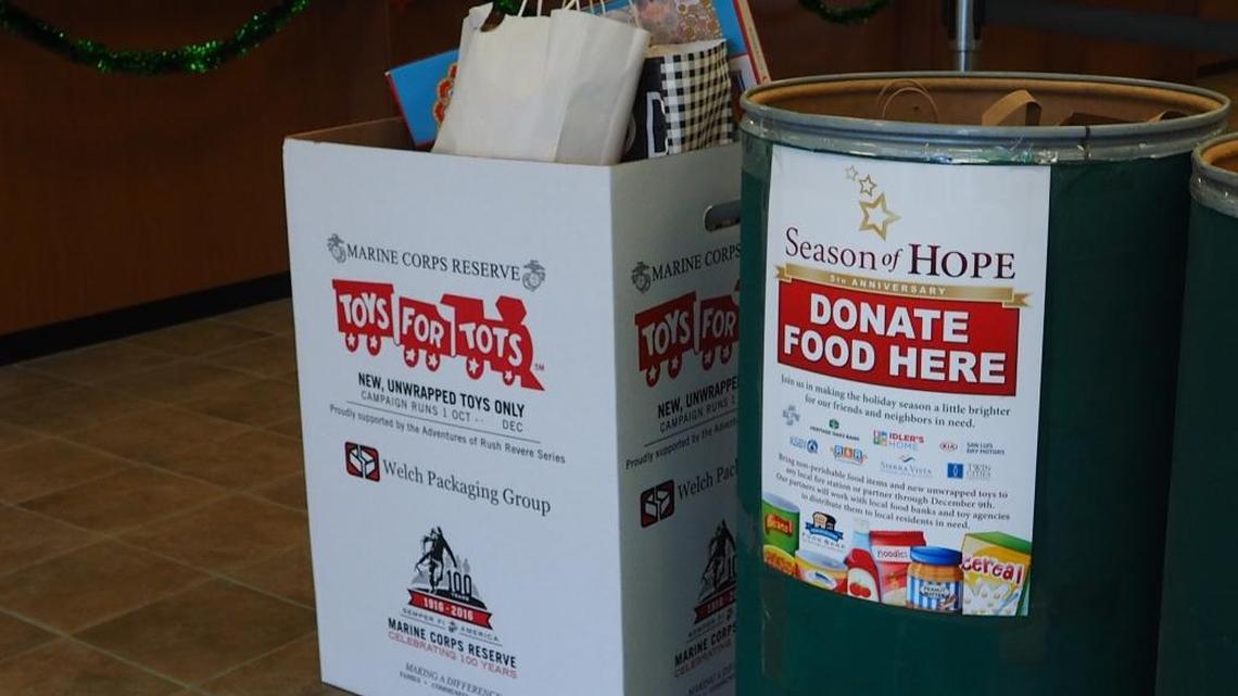 Donation collection barrels inside Heritage Oaks Bank, Cambria.