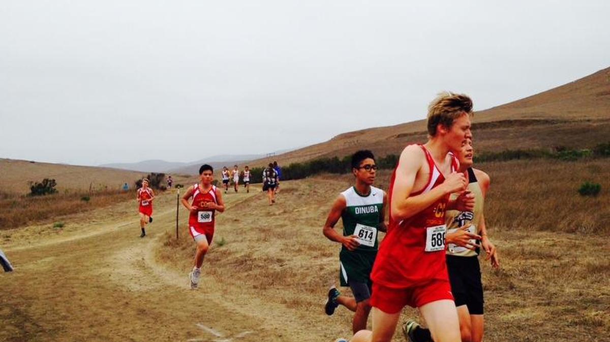 Nic Roper placed second among Coast Union runners behind Paul Butterfield in the Cal Poly Invitational on Oct. 16. The Bronco boys placed second in Division 5. David May and Ethan Walters are seen here running behind Roper.