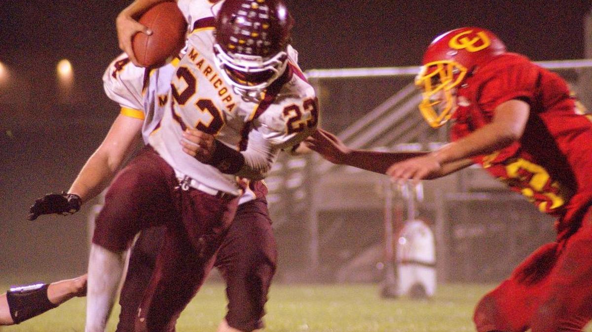 Maricopa’s Matt Devine runs against Coast Union’s defense during the final play of Friday, Oct. 28’s, game.