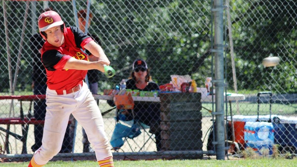 Senior Thor Ronemus rips a double to drive in the first Bronco run in Coast Union’s 4-3 playoff win over the Trinity Classical Academy on Thursday, May 18.