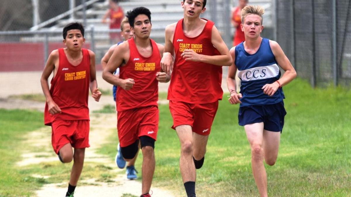 Coast Union runners, from left, Eder Ramirez, David Nolan and Diego Leonardo, contributed to the Broncos’ win over Coastal Christian and SLO Classical Academy on Oct. 17 at Coast Union.