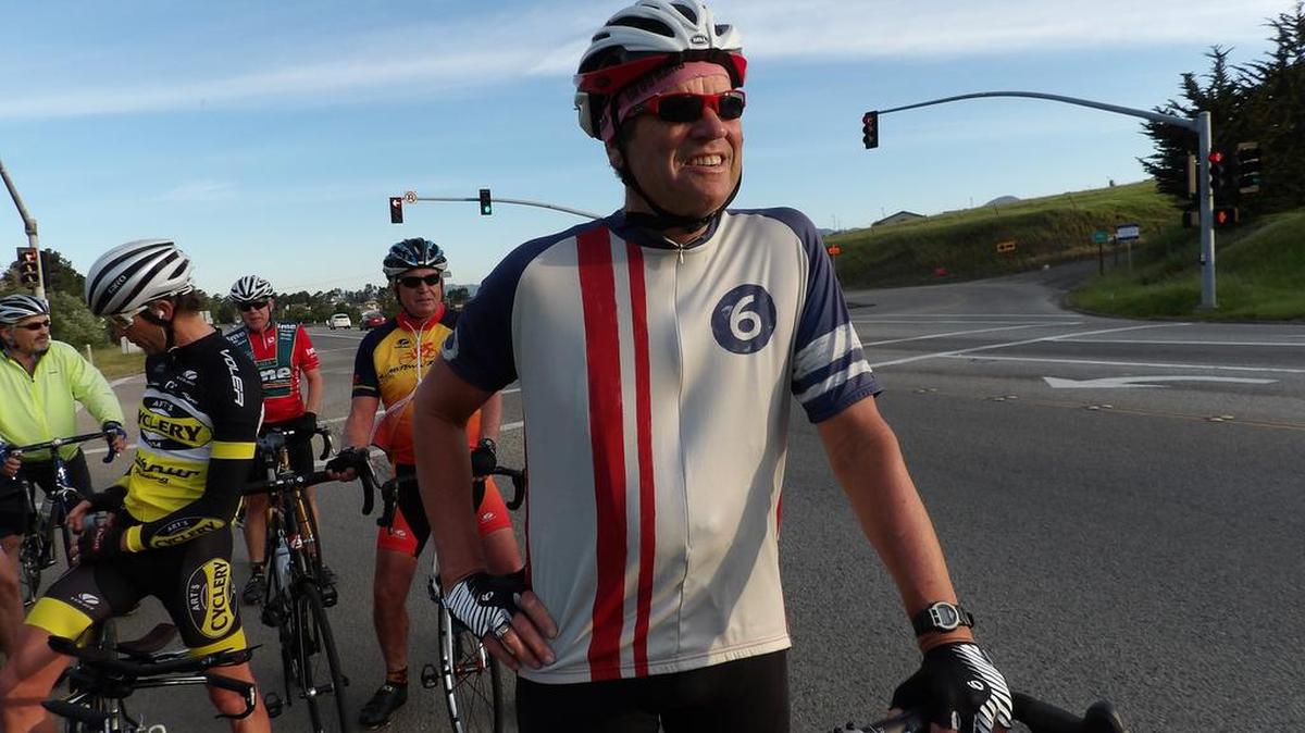 Tom Parsons prepares to take his 100th 100-mile bike ride on Wednesday, April 6. He and fellow Slabtown Rollers met at Ardath Drive and Highway 1 for the start of the ride.