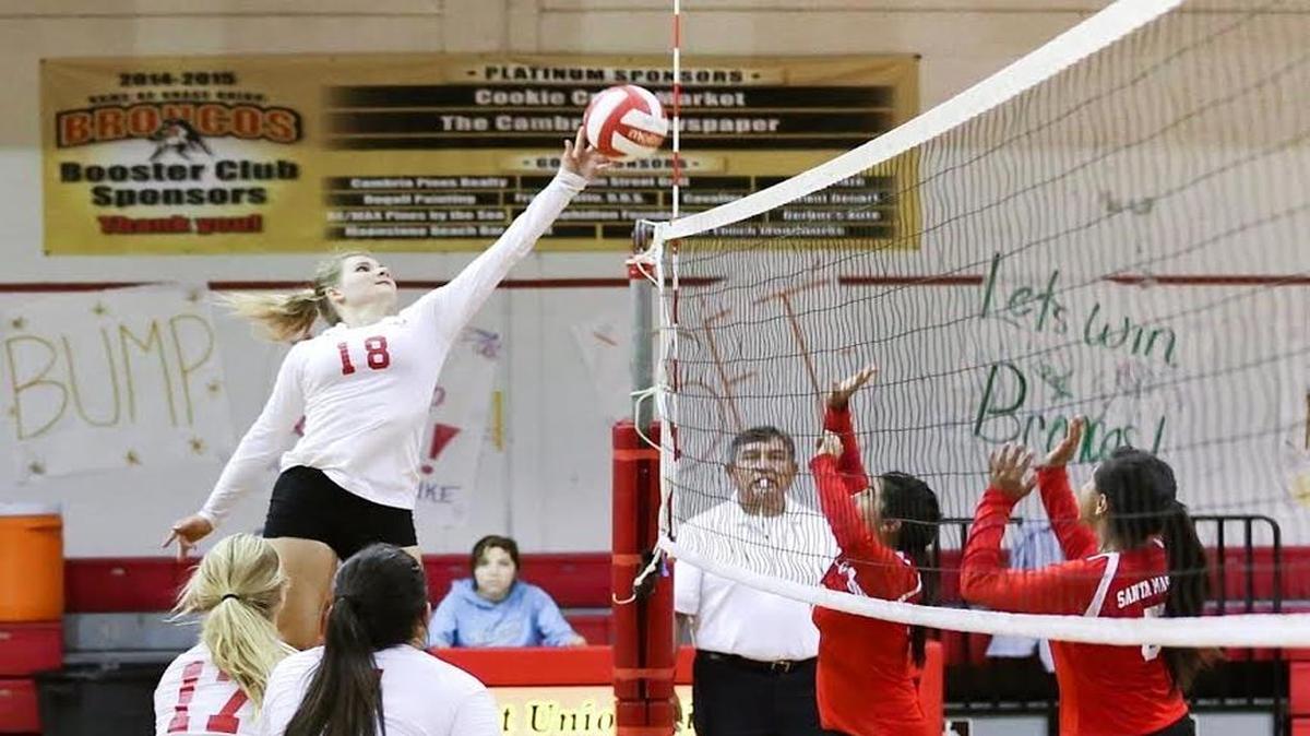 Gigi Stoothoff, seen here knocking the ball over the net in a match against Santa Maria in August, has been named on the second team of The Tribune’s 2016 All-County Girls Volleyball Team.