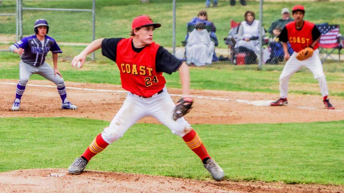 Bronco pitcher/infielder Riley Kennedy returns to the team this week after a two-week vacation, in time to help the Broncos as they begin Coast Valley League play this week. Here he pitches earlier in the season.
